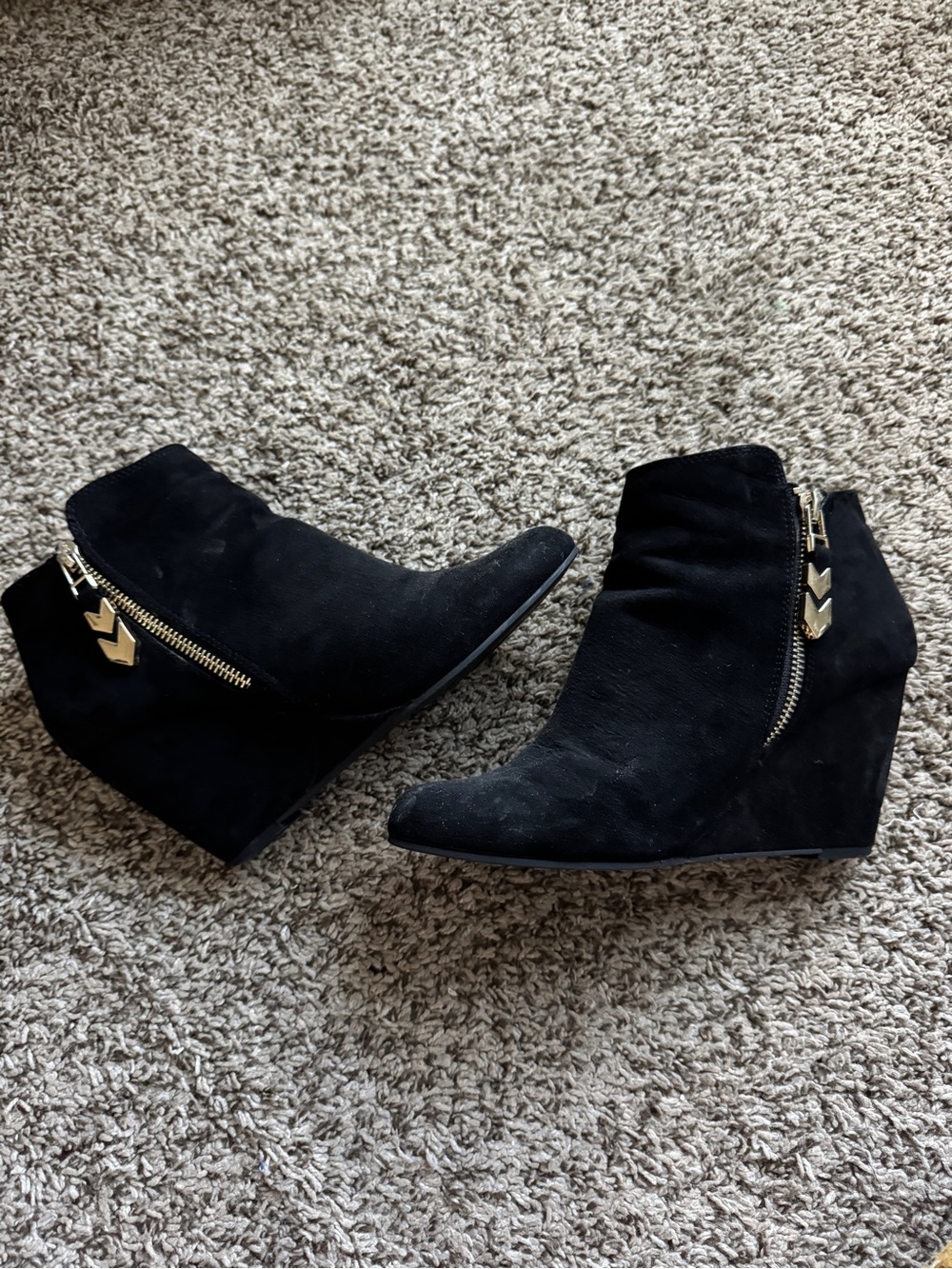 BCBGirls Black Suede Wedge Ankle Booties with Gold Zip